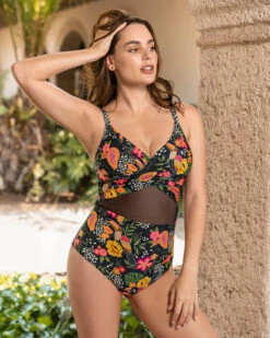 Graphic One Piece Swimsuit With Tulle Details