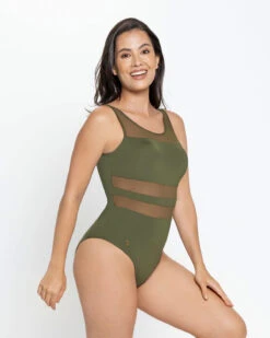 Scoop Back Sheer Stripe Slimming One-Piece Swimsuit