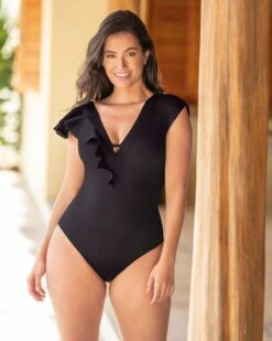 Ribbed One-Piece Slimming Swimsuit With Ruffles