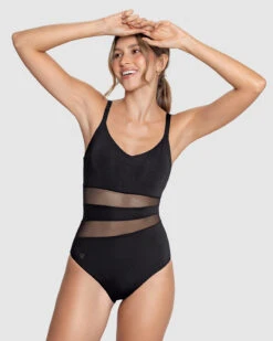 One-Piece Slimming Swimsuit With Mesh Stripe Cutouts